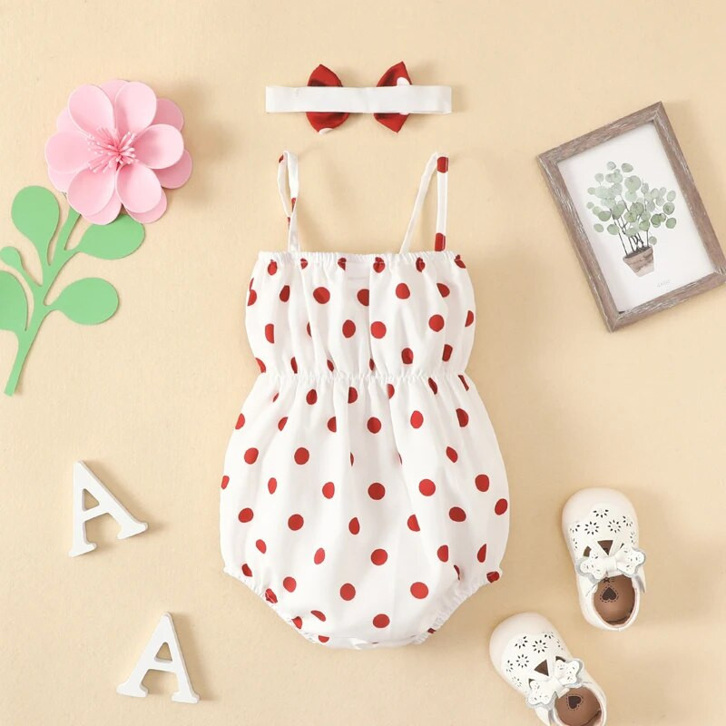 Csecsemő kislány nyári Sling Body Jumpsuit Dot Print Ujjatlan elülső Bowknot Sweet Romper + fejpánt
