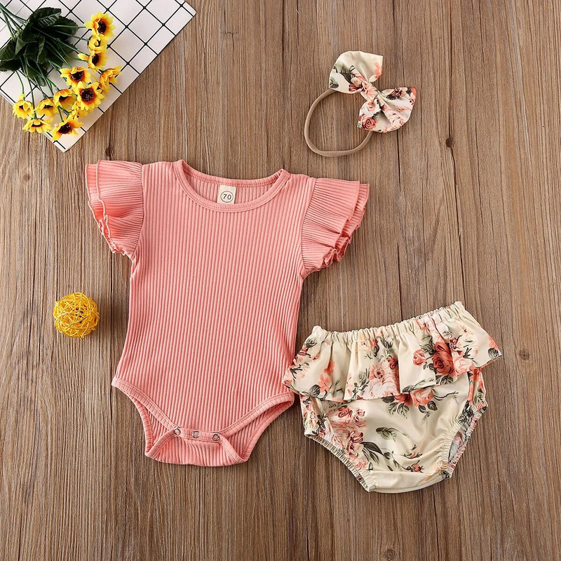 Nyári csecsemőruhák baba lány fodros bordás body lány virágos rövidnadrág fejpánt újszülött 3 db-os készlet