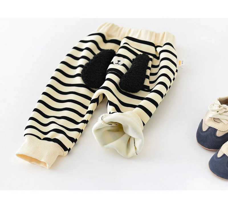 Őszi téli állatstílusú gyerekek plusz bársony vastag divatos nadrágok fiú lány baba aranyos rajzfilm csíkos pamut alkalmi nadrágok