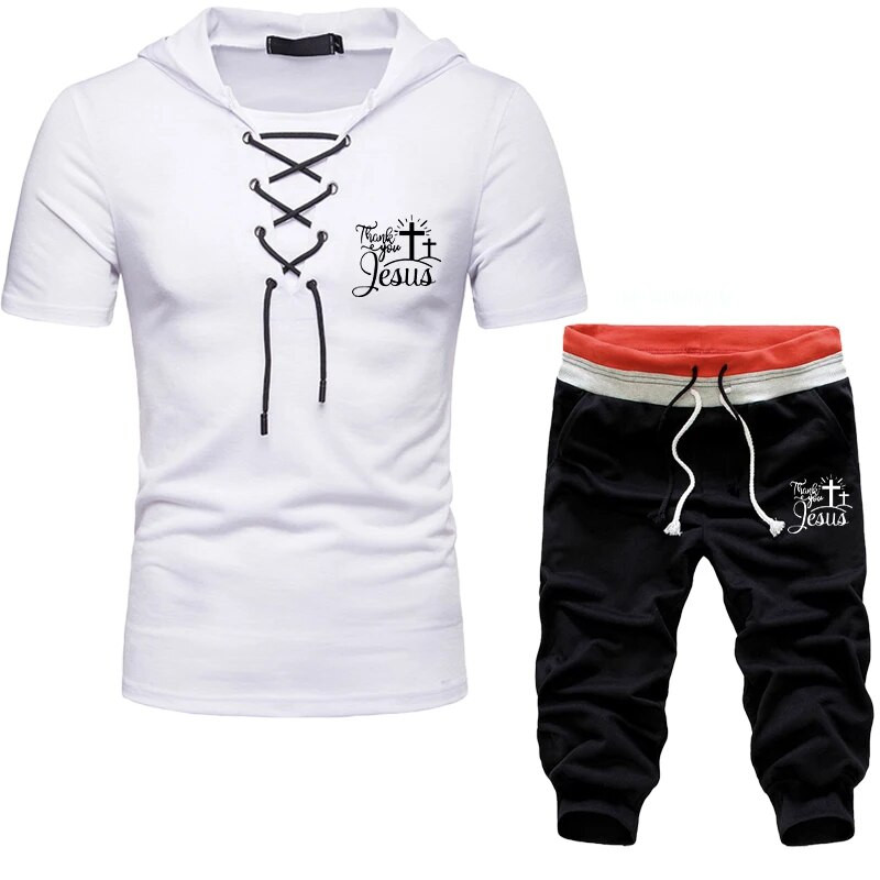Tuveke nyári legújabb férfi, Jézus Krisztus nyomtatott kivitelű, kapucnis, húzózsinóros öltöny, egyszínű sport karcsú, sokoldalú alkalmi öltöny (S-4XL)