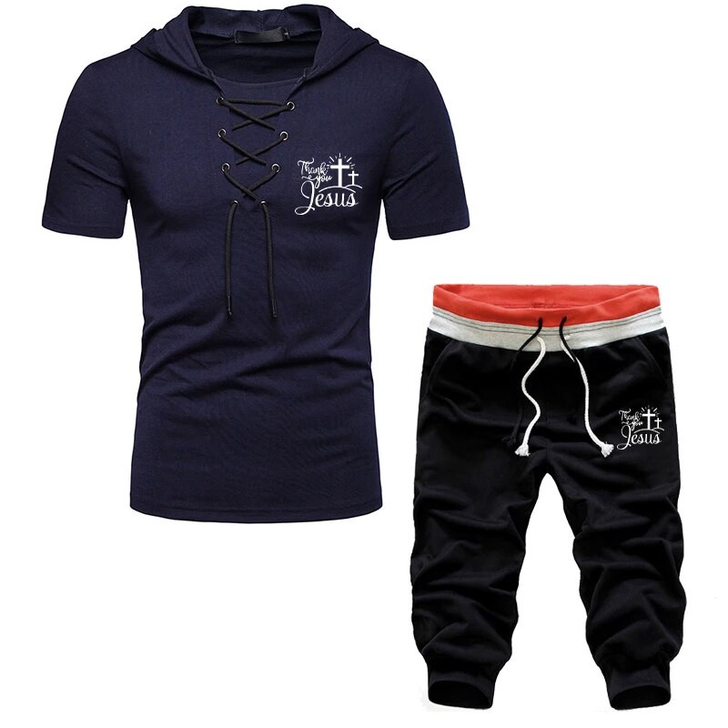 Tuveke nyári legújabb férfi, Jézus Krisztus nyomtatott kivitelű, kapucnis, húzózsinóros öltöny, egyszínű sport karcsú, sokoldalú alkalmi öltöny (S-4XL)