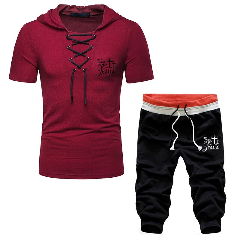 Tuveke nyári legújabb férfi, Jézus Krisztus nyomtatott kivitelű, kapucnis, húzózsinóros öltöny, egyszínű sport karcsú, sokoldalú alkalmi öltöny (S-4XL)