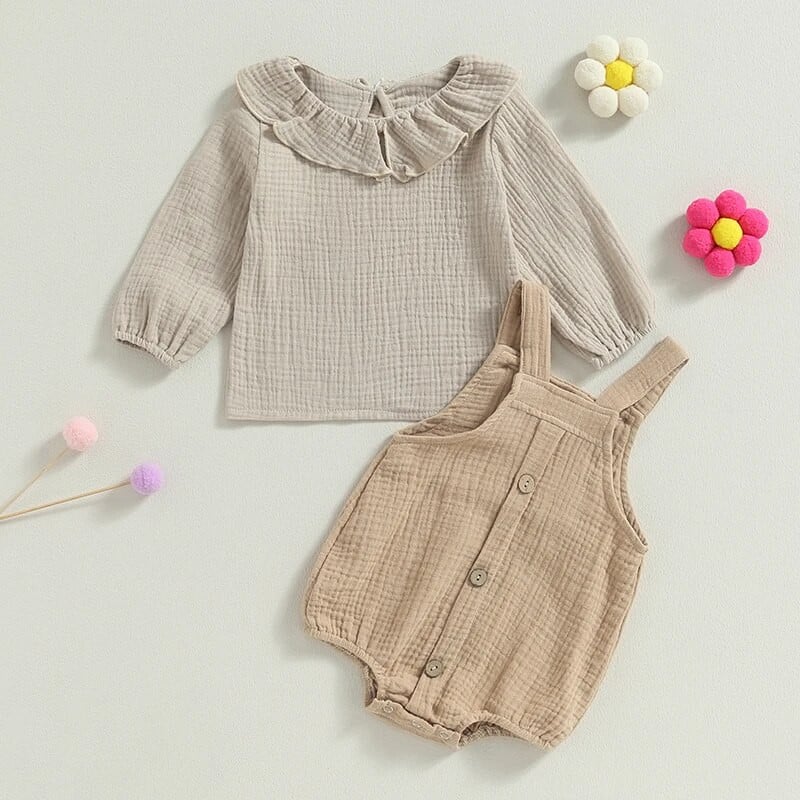 Βρεφική φόρμα κοριτσιού μονόχρωμη μακρυμάνικη μπλούζα για κούκλα + αμάνικη φόρμα με κουμπιά κρεμαστή παντελόνι