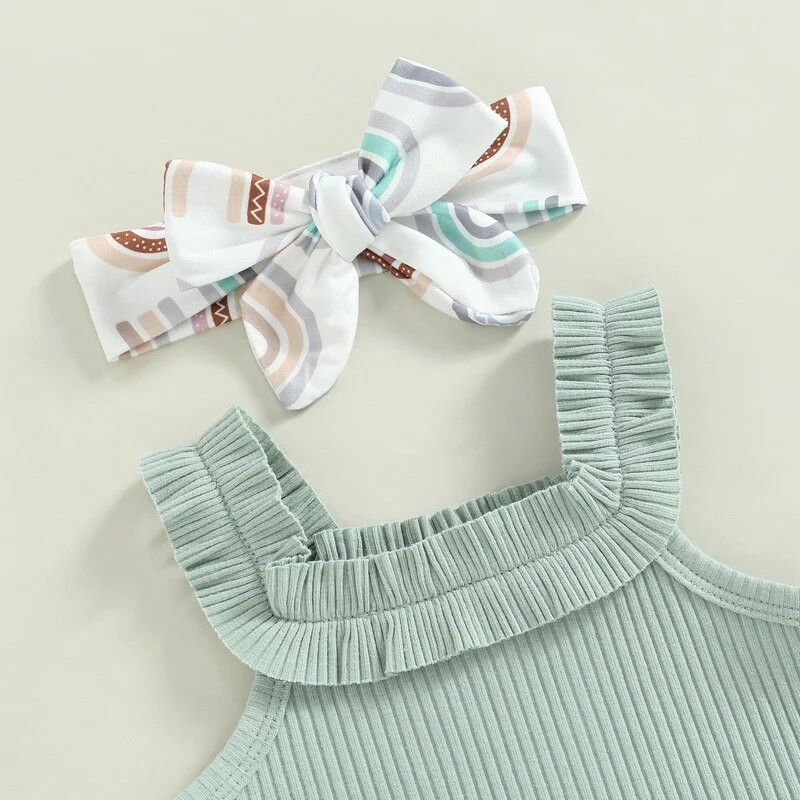 Νεογέννητα κοριτσίστικα καλοκαιρινά ρούχα Αμάνικο φόρεμα + Σορτς με στάμπα λουλουδιών/ουράνιο τόξο/πεταλούδα + κορδέλα