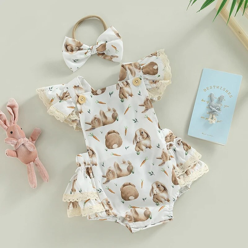 Υπέροχα καλοκαιρινά νεογέννητα κοριτσίστικα πασχαλινά ρούχα Πριγκίπισσα νεογέννητα βρέφη κοριτσάκια δαντέλα εξώπλατη στάμπα κουνελιού Ολόσωμες φόρμες κεφαλής