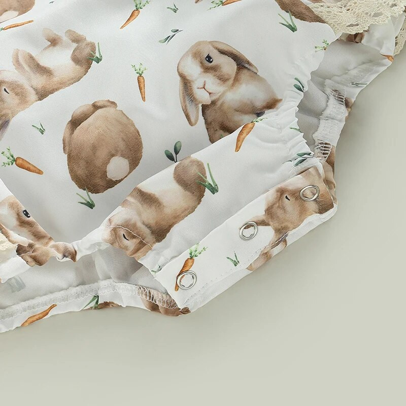 Υπέροχα καλοκαιρινά νεογέννητα κοριτσίστικα πασχαλινά ρούχα Πριγκίπισσα νεογέννητα βρέφη κοριτσάκια δαντέλα εξώπλατη στάμπα κουνελιού Ολόσωμες φόρμες κεφαλής