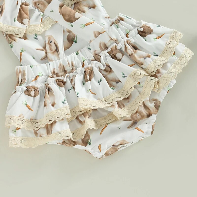 Υπέροχα καλοκαιρινά νεογέννητα κοριτσίστικα πασχαλινά ρούχα Πριγκίπισσα νεογέννητα βρέφη κοριτσάκια δαντέλα εξώπλατη στάμπα κουνελιού Ολόσωμες φόρμες κεφαλής