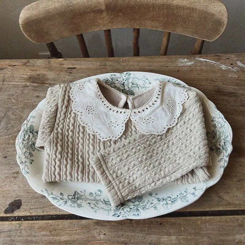 Kislány édes csipke Peter Pan galléros felsők Téli divat, bordás, vastagított alsó felsők Lányok Egyszerű pamut kötöttáru pólók