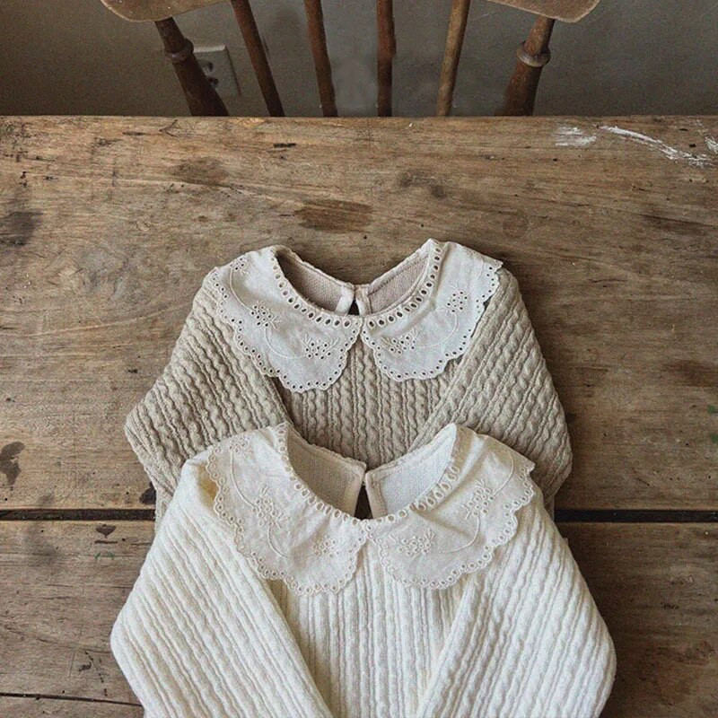 Kislány édes csipke Peter Pan galléros felsők Téli divat, bordás, vastagított alsó felsők Lányok Egyszerű pamut kötöttáru pólók