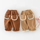 Φθινόπωρο Χειμώνας Κορίτσι Παιδιά Plus Velvet Thicken Κοτλέ Casual Παντελόνι Boy Baby Ebroidery Flower Pocket Solid Fashion Παντελόνι
