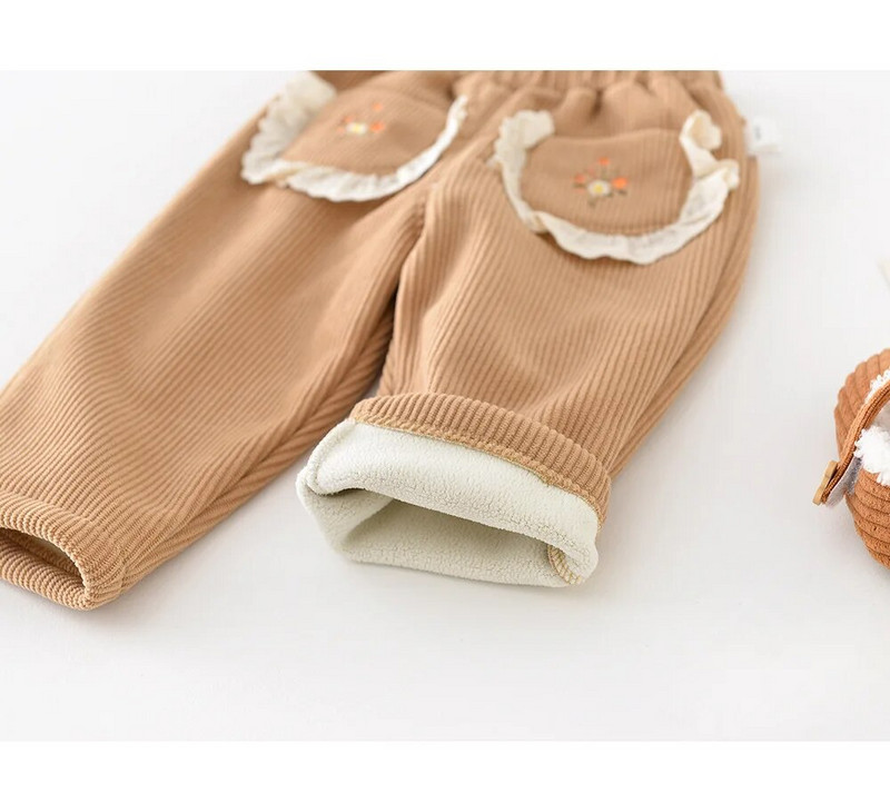 Φθινόπωρο Χειμώνας Κορίτσι Παιδιά Plus Velvet Thicken Κοτλέ Casual Παντελόνι Boy Baby Ebroidery Flower Pocket Solid Fashion Παντελόνι