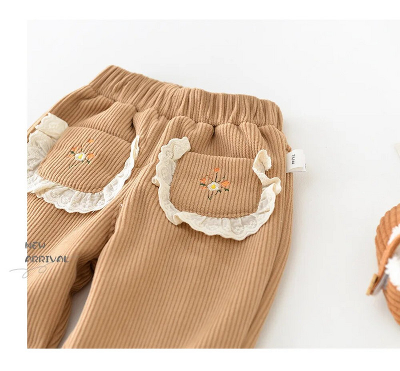 Φθινόπωρο Χειμώνας Κορίτσι Παιδιά Plus Velvet Thicken Κοτλέ Casual Παντελόνι Boy Baby Ebroidery Flower Pocket Solid Fashion Παντελόνι