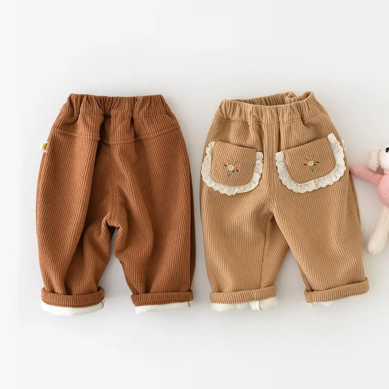 Φθινόπωρο Χειμώνας Κορίτσι Παιδιά Plus Velvet Thicken Κοτλέ Casual Παντελόνι Boy Baby Ebroidery Flower Pocket Solid Fashion Παντελόνι