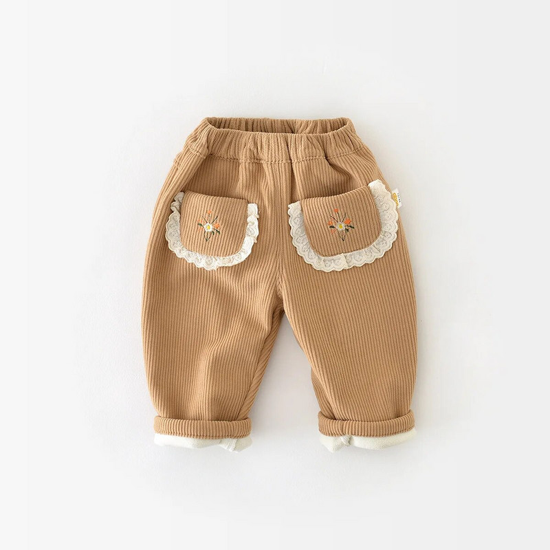 Φθινόπωρο Χειμώνας Κορίτσι Παιδιά Plus Velvet Thicken Κοτλέ Casual Παντελόνι Boy Baby Ebroidery Flower Pocket Solid Fashion Παντελόνι