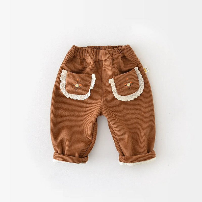 Φθινόπωρο Χειμώνας Κορίτσι Παιδιά Plus Velvet Thicken Κοτλέ Casual Παντελόνι Boy Baby Ebroidery Flower Pocket Solid Fashion Παντελόνι