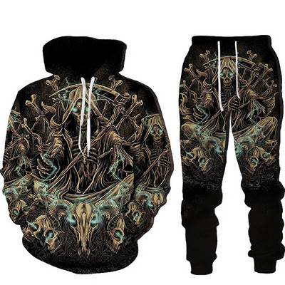 Vyriški sportiniai kostiumai, gobtuvai su gobtuvu, grafinė kaukolė, 2 dalių spaudiniai, sportiniai laisvalaikio sportiniai 3D spausdinimai, pagrindiniai gatvės aprangos drabužiai