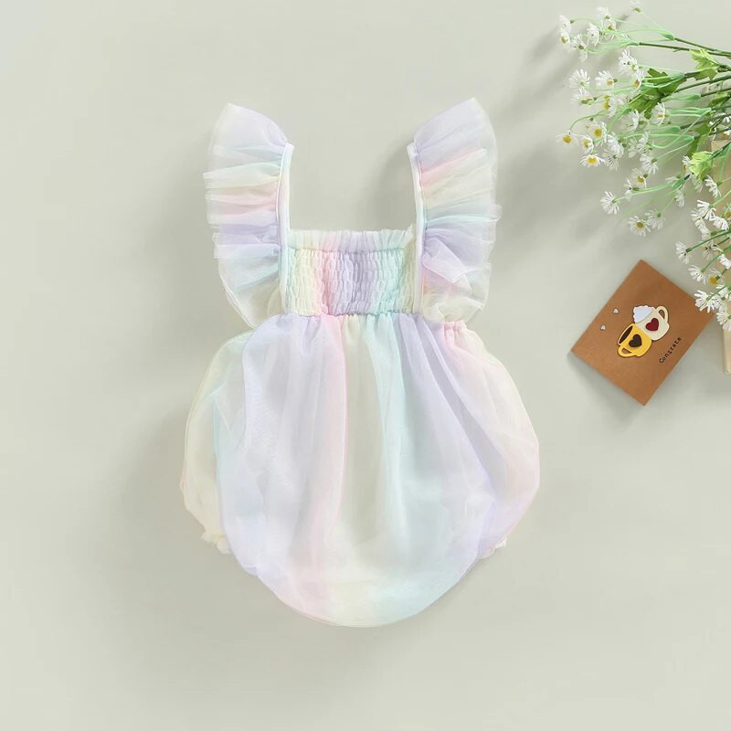 Baby girls Cute Romper Fly μανίκι τετράγωνο λαιμό Tie-dye στάμπα με δαντέλα διχτυωτές φόρμες από τούλι