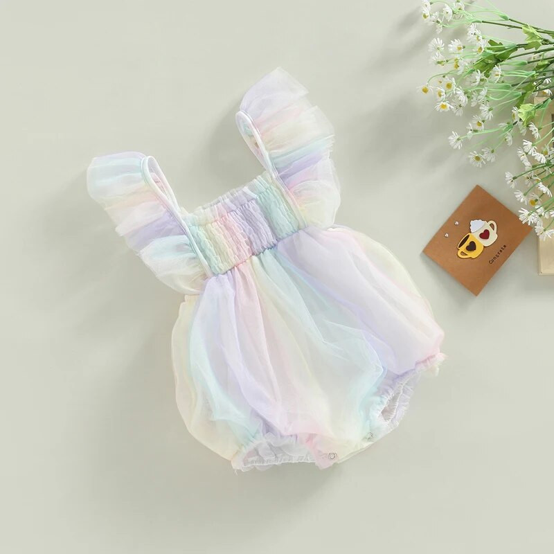 Baby girls Cute Romper Fly μανίκι τετράγωνο λαιμό Tie-dye στάμπα με δαντέλα διχτυωτές φόρμες από τούλι