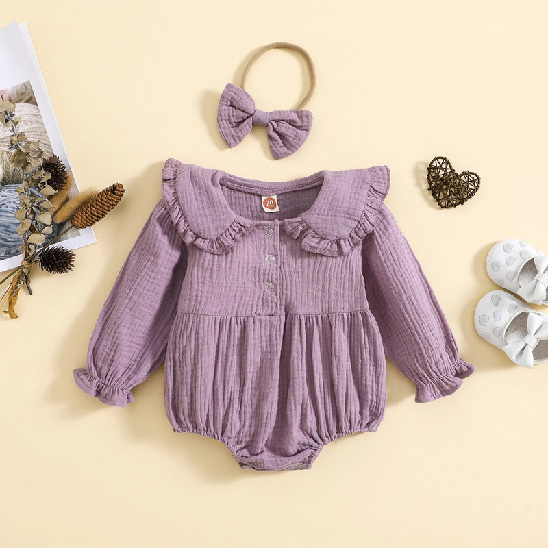 Φθινοπωρινό νεογέννητο κοριτσάκι Rompers Ρούχα Βαμβακερά λινό μακρύ μανίκι βολάν με κουμπί Ολόσωμη φόρμα κεφαλής