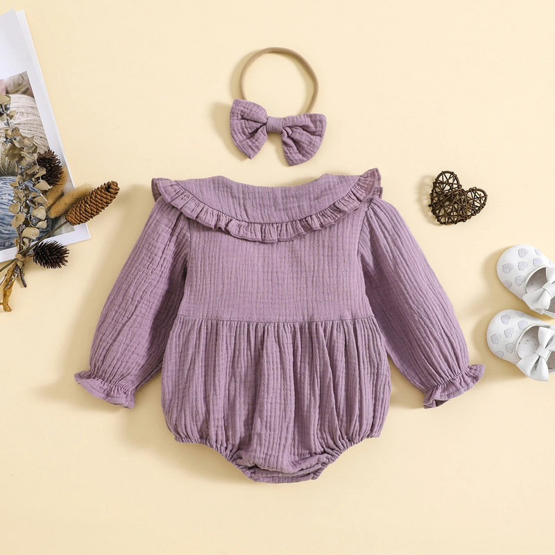 Φθινοπωρινό νεογέννητο κοριτσάκι Rompers Ρούχα Βαμβακερά λινό μακρύ μανίκι βολάν με κουμπί Ολόσωμη φόρμα κεφαλής