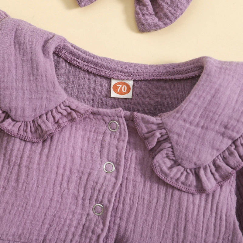 Φθινοπωρινό νεογέννητο κοριτσάκι Rompers Ρούχα Βαμβακερά λινό μακρύ μανίκι βολάν με κουμπί Ολόσωμη φόρμα κεφαλής