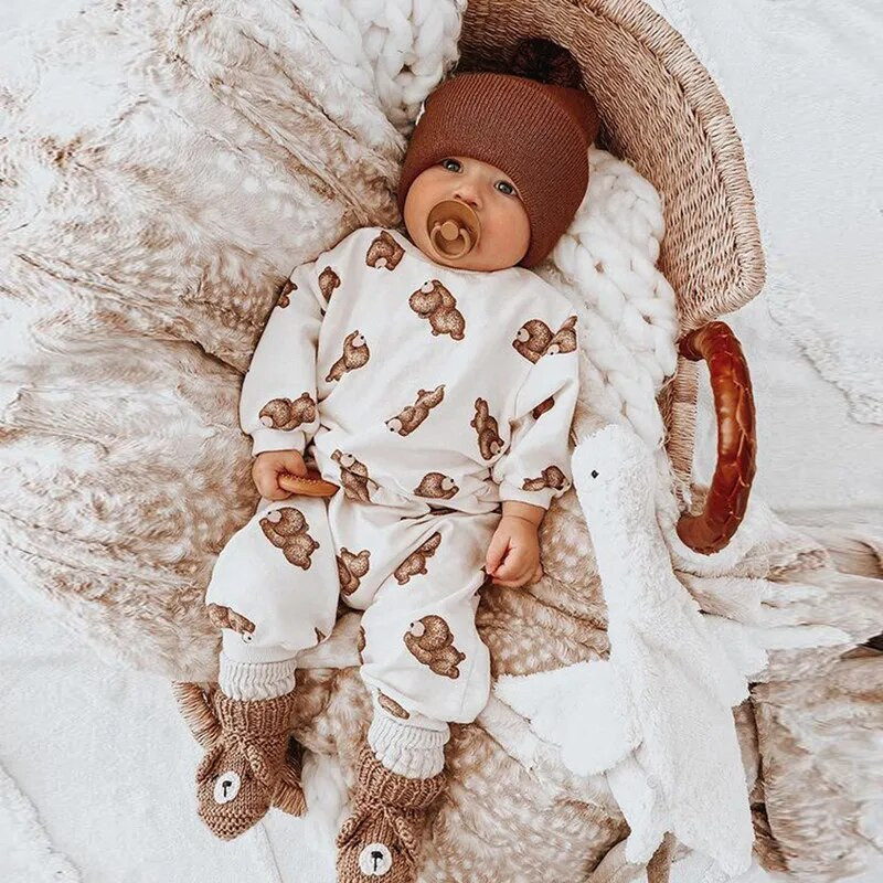 Újszülött kisfiúk őszi ruhakészlet rajzfilm Medve hosszú ujjú pulóver felsők és nadrágok baba alkalmi ruhák
