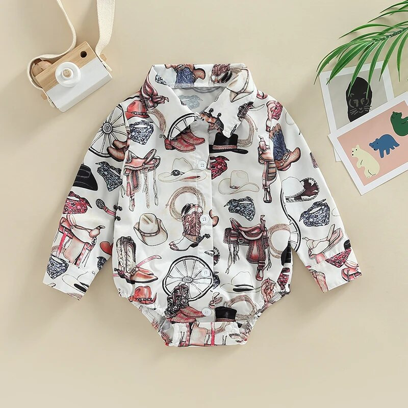 0-24M Baby Boys ing Romper csecsemőruházat Hosszú ujjú hajtóka Cactus Cowboy Print Gombos felsők Tipegő Body Jumpsuits