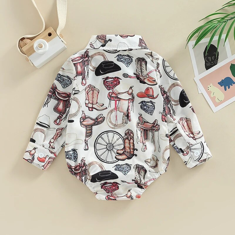 0-24M Baby Boys ing Romper csecsemőruházat Hosszú ujjú hajtóka Cactus Cowboy Print Gombos felsők Tipegő Body Jumpsuits