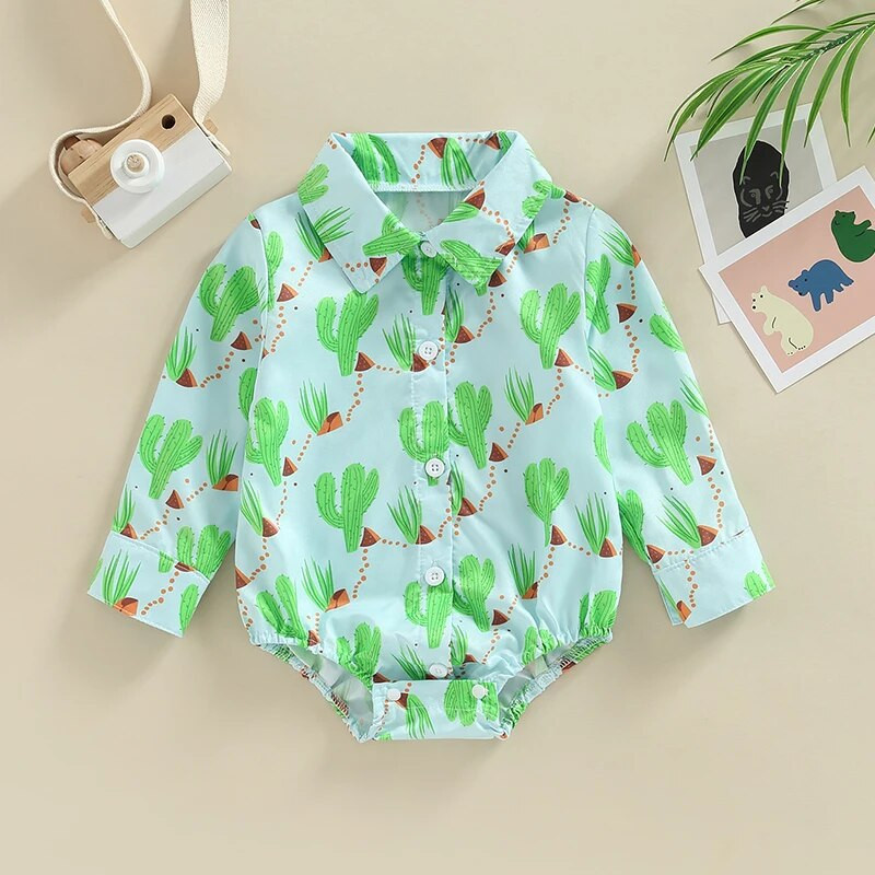 0-24M Baby Boys ing Romper csecsemőruházat Hosszú ujjú hajtóka Cactus Cowboy Print Gombos felsők Tipegő Body Jumpsuits
