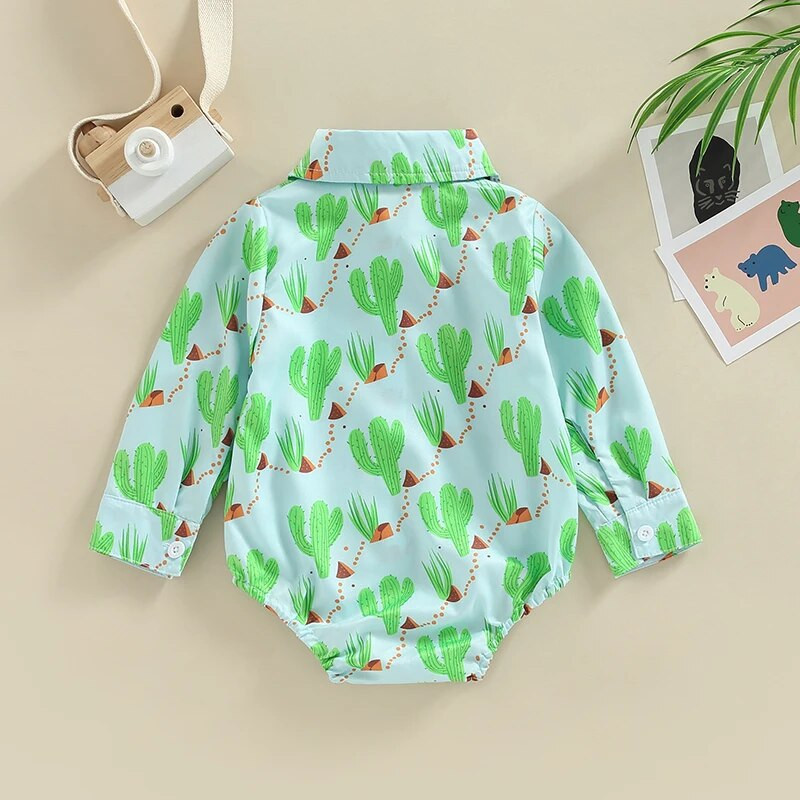0-24M Baby Boys ing Romper csecsemőruházat Hosszú ujjú hajtóka Cactus Cowboy Print Gombos felsők Tipegő Body Jumpsuits