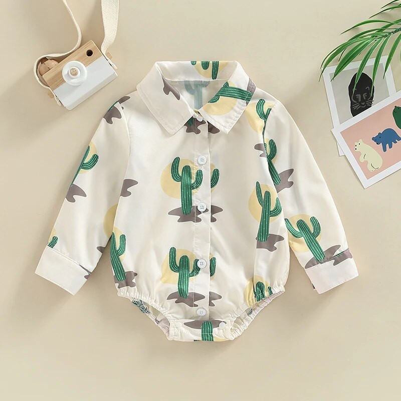 0-24M Baby Boys ing Romper csecsemőruházat Hosszú ujjú hajtóka Cactus Cowboy Print Gombos felsők Tipegő Body Jumpsuits