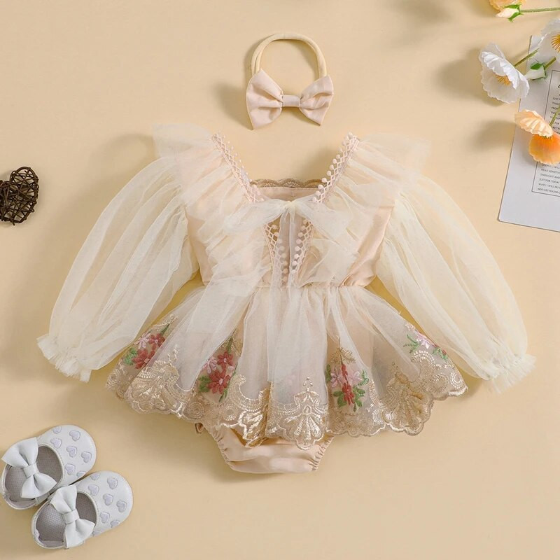 Baby Girls Tutu Romper ruha, hosszú ujjú, puffos ujjú, hálós kombinékok, lábgombokkal Újszülött ruhák