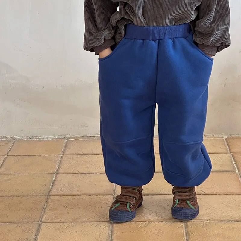 Őszi téli lány gyerekeknek Retro vastag, meleg alkalmi nadrágok fiú baba plusz bársonyos tömör egyszerű pulóver gyerek minden nadrág