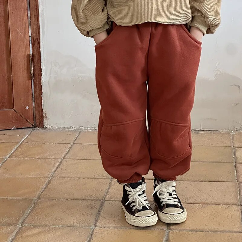 Őszi téli lány gyerekeknek Retro vastag, meleg alkalmi nadrágok fiú baba plusz bársonyos tömör egyszerű pulóver gyerek minden nadrág