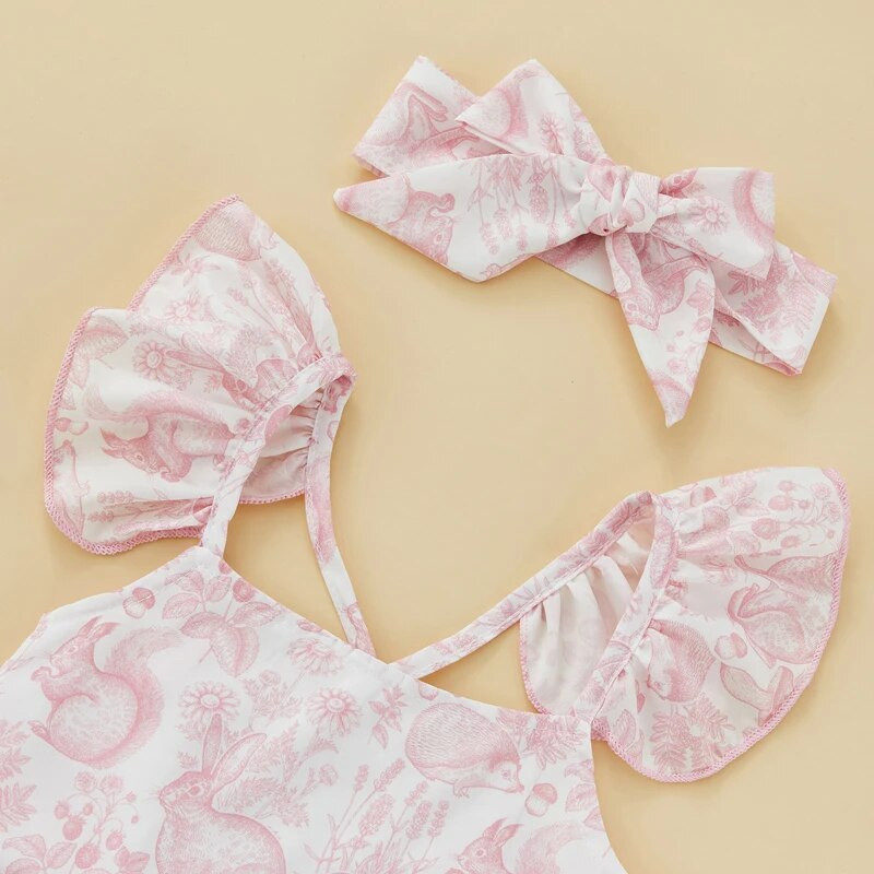 Kislány rajzfilm nyúl mintás ruha Ujjatlan fodros szegély aranyos ruha jumpsuit nyári ruha