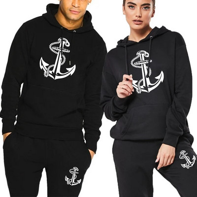 Meeste paari dressiülikond Anchor Print Hoodies Dressipüksid Vabaaja Spordikostüüm Kodu Pidžaama 2tk komplekt