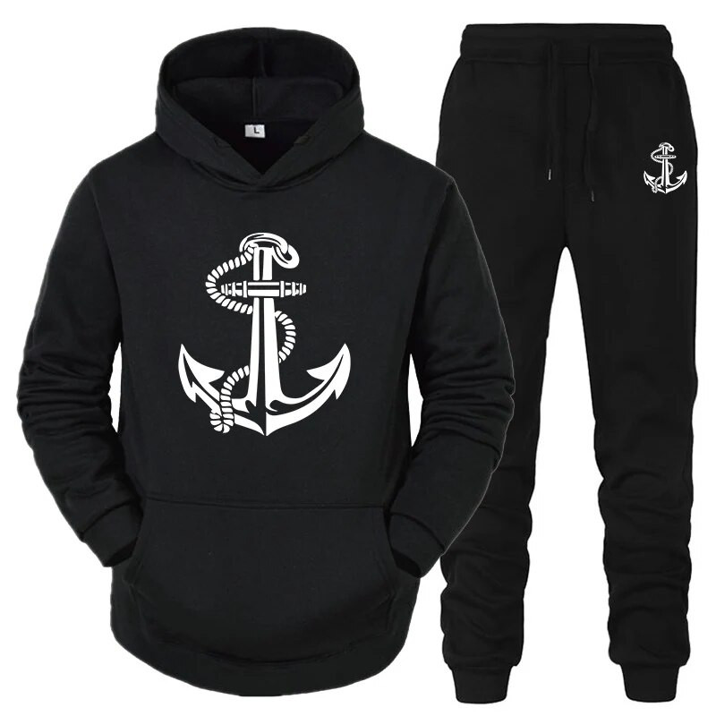 Férfi pár tréningruha horgony mintás kapucnis pulcsik melegítőnadrágok alkalmi sport kocogó ruha otthoni pizsama 2db szett