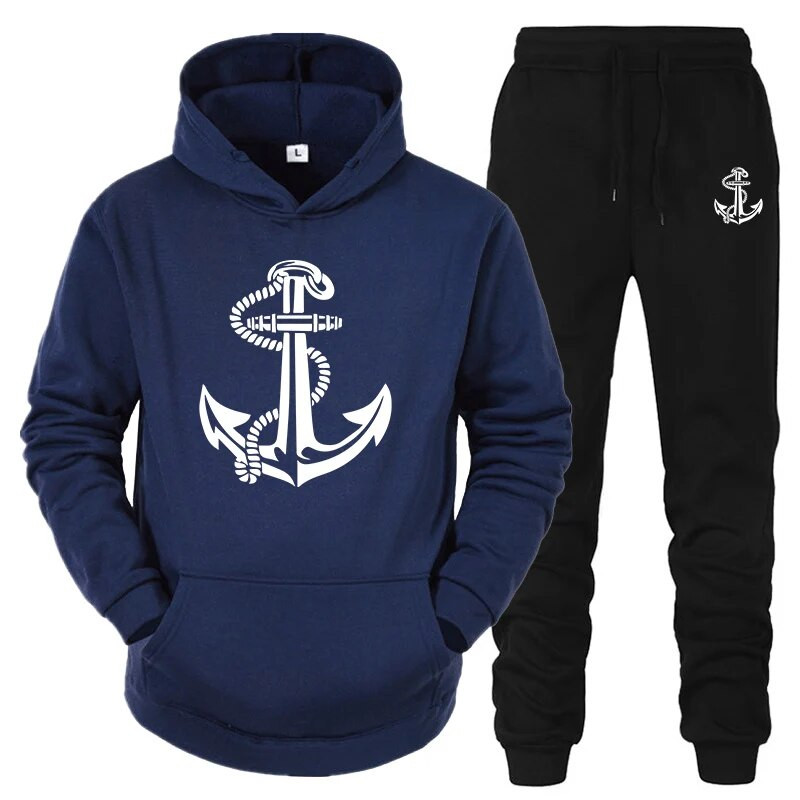 Férfi pár tréningruha horgony mintás kapucnis pulcsik melegítőnadrágok alkalmi sport kocogó ruha otthoni pizsama 2db szett