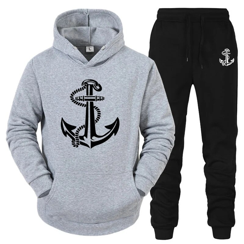 Férfi pár tréningruha horgony mintás kapucnis pulcsik melegítőnadrágok alkalmi sport kocogó ruha otthoni pizsama 2db szett