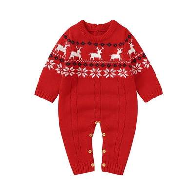Χριστουγεννιάτικο Reindeer Print Νεογέννητο μωρό αγόρι & κορίτσια Άνοιξη & Φθινόπωρο Rompers Πλεκτά Ακρυλικό μακρυμάνικο βρεφικό φορμάκι