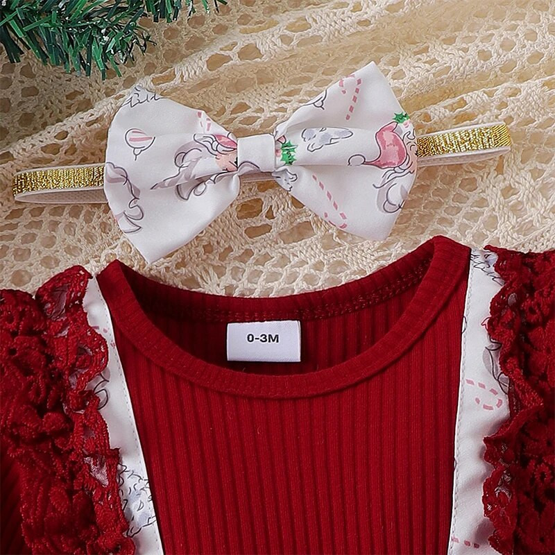 Karácsonyi baba póló újszülött csecsemő baba kötött fodros hosszú ujjú masnis jumpsuit kockás nyomtatott karácsonyi jelmezek