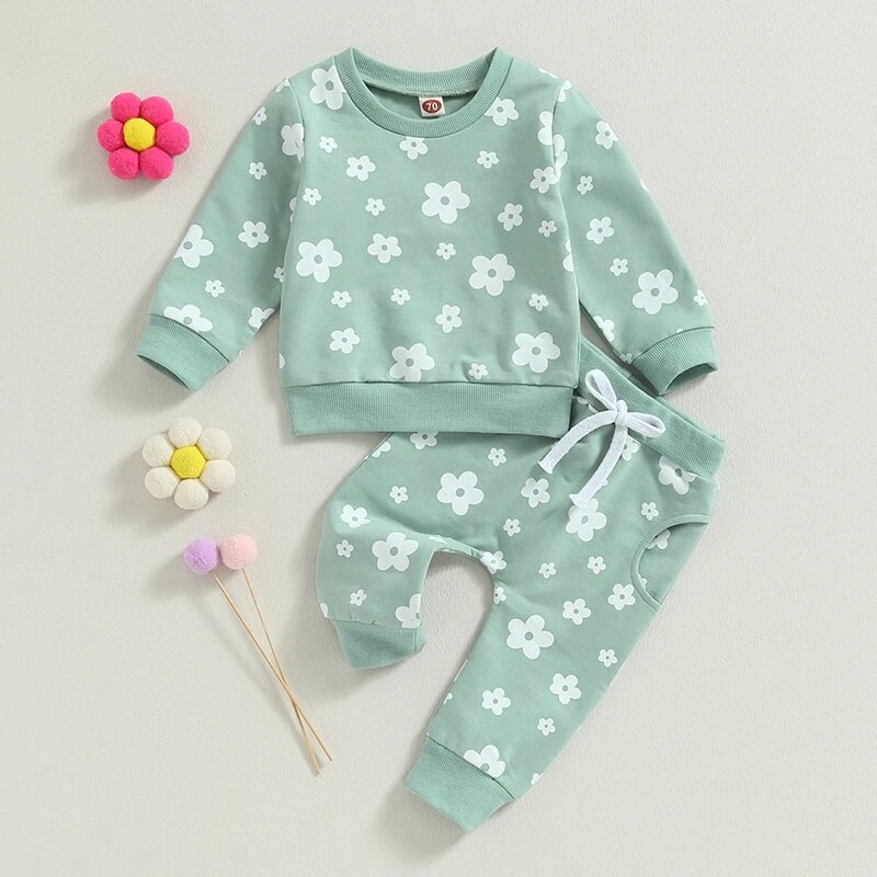 0-36 hónapos kislány ruhák újszülött virágmintás hosszú ujjú pulóver és húzózsinóros nadrág szett csecsemő lány nadrág ruhakészlet