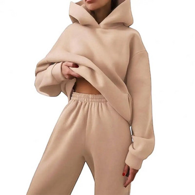 Női tréningruha tömör kapucnis sportruhák őszi meleg kapucnis kapucnis Alkalmi hosszú ujjú pulóverek és nadrágok Polár kétrészes készletek