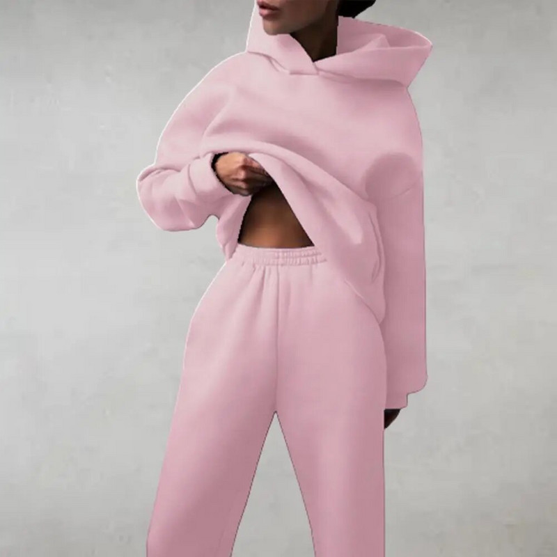 Női tréningruha tömör kapucnis sportruhák őszi meleg kapucnis kapucnis Alkalmi hosszú ujjú pulóverek és nadrágok Polár kétrészes készletek