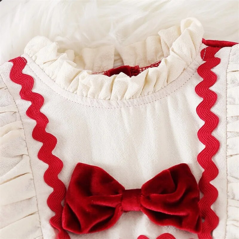 Karácsonyi hercegnős buliruha lányoknak, patchwork, fodros nyakú, hosszú ujjú, csokorcsomóval ellátott, elöl A-vonalú tuti ruha