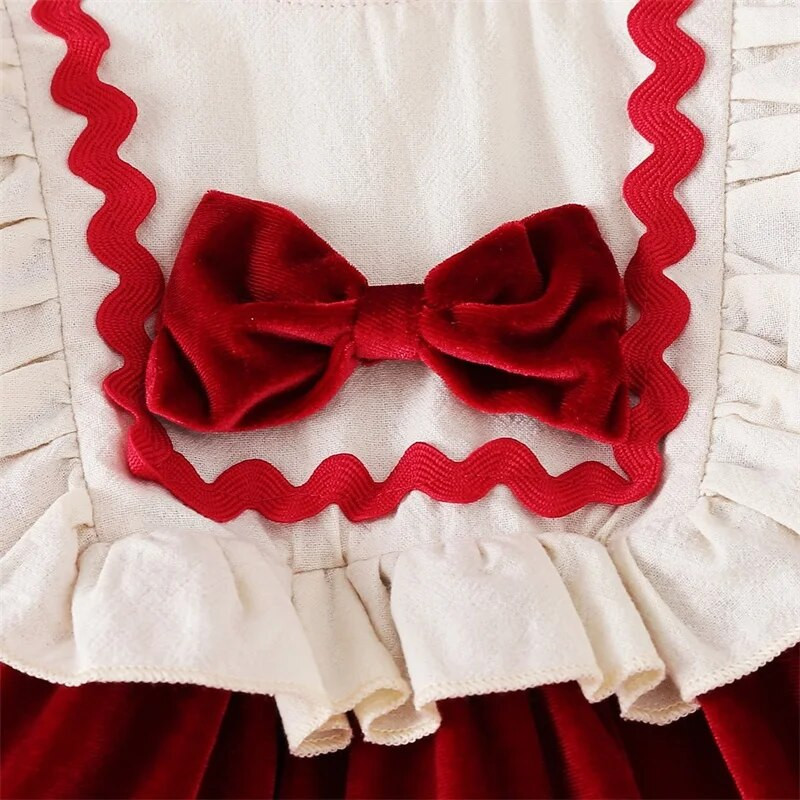 Karácsonyi hercegnős buliruha lányoknak, patchwork, fodros nyakú, hosszú ujjú, csokorcsomóval ellátott, elöl A-vonalú tuti ruha