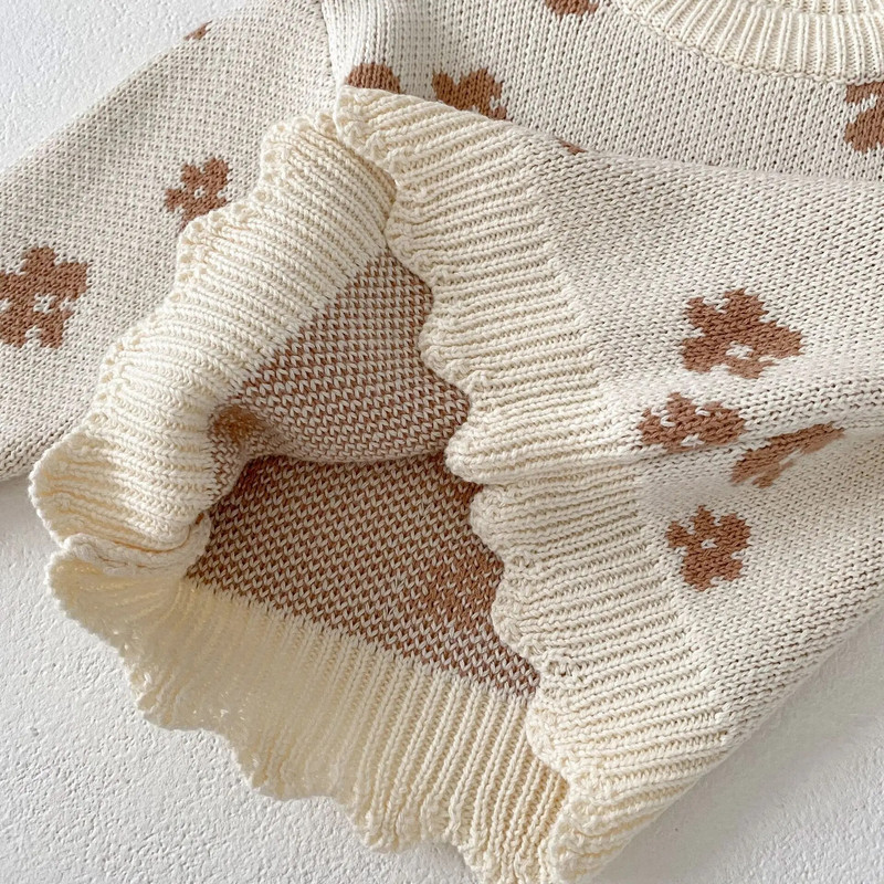 7677 Babaruha Kötött pulóver 2023 Őszi új virágos Jacquard pulóver lányoknak 0-3 éves gyerek pulóver felsők