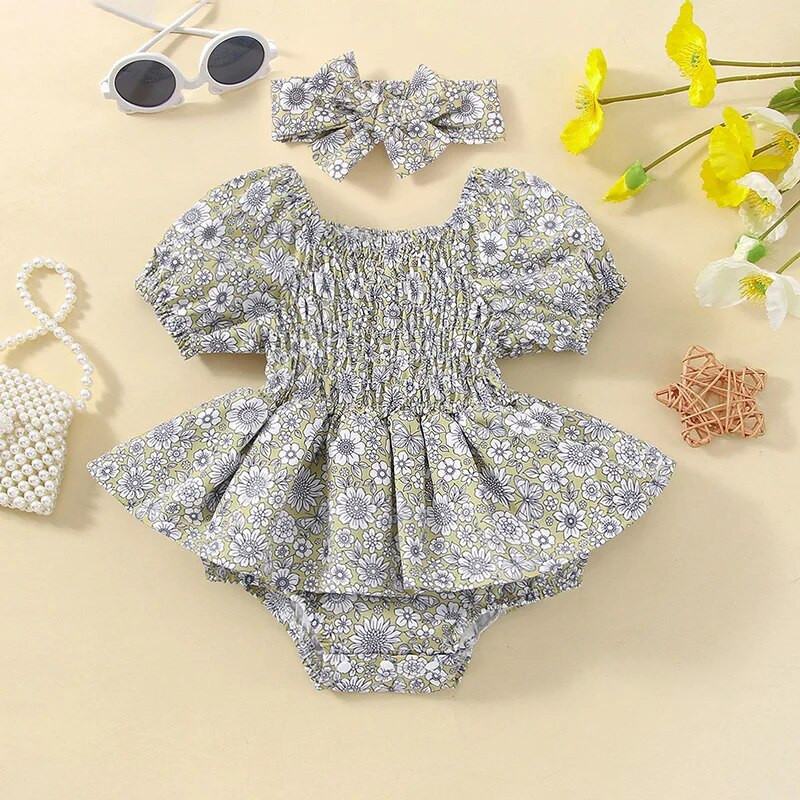 Csecsemő Baba Lányok Édes Romper ruha Fejpántos Virágok Nyomtatott rövid ujjú Fodros Jumpsuitek