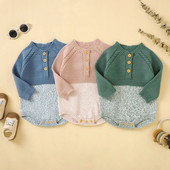 Kislányok Kötött Nyomda Ruhák Téli Ősz Meleg Pulóver Újszülött Hosszú ujjú Kontraszt Szín Gomb Horgolt Játszóruha Jumpsuits