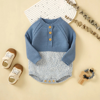 Kislányok Kötött Nyomda Ruhák Téli Ősz Meleg Pulóver Újszülött Hosszú ujjú Kontraszt Szín Gomb Horgolt Játszóruha Jumpsuits